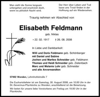Traueranzeige von Elisabeth Feldmann von Tageszeitung