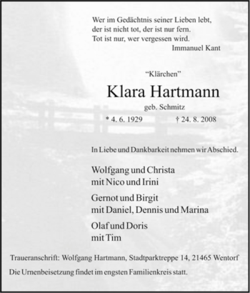 Traueranzeige von Klara Hartmann von Tageszeitung