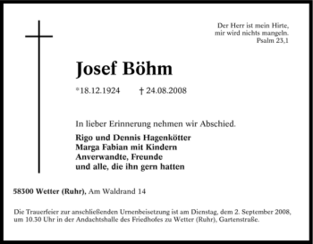 Traueranzeige von Josef Böhm von Tageszeitung