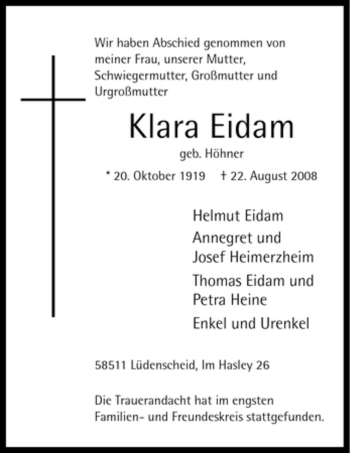 Traueranzeige von Klara Eidam von Tageszeitung