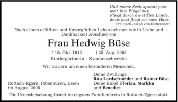 Traueranzeige von Hedwig Büse von Tageszeitung