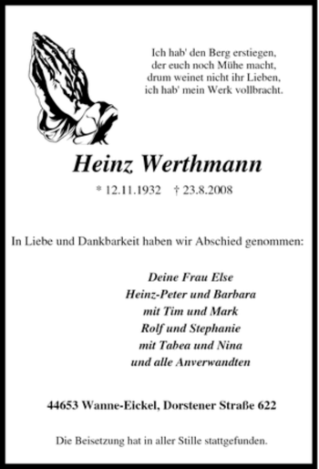 Traueranzeige von Heinz Werthmann von Tageszeitung
