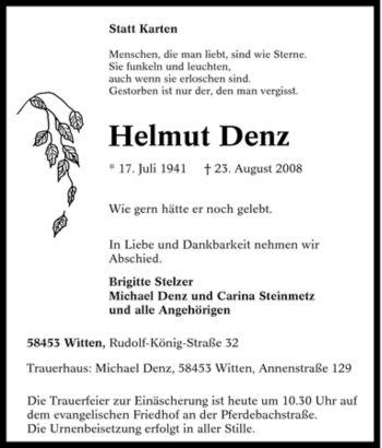 Traueranzeige von Helmut Denz von Tageszeitung