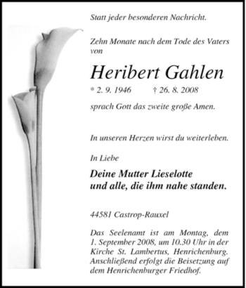 Traueranzeige von Heribert Gahlen von Tageszeitung