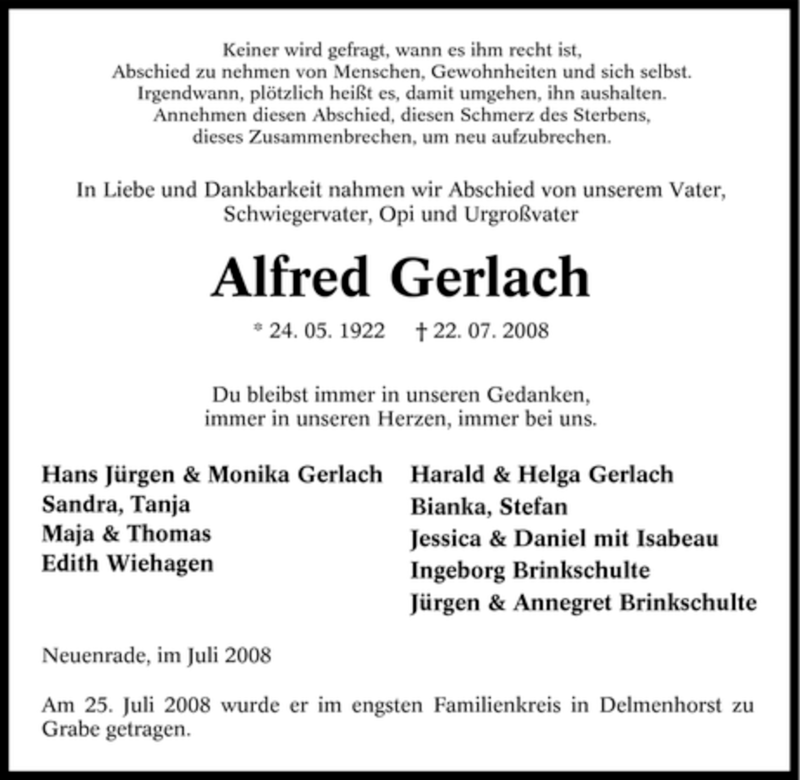  Traueranzeige für Alfred Gerlach vom 30.08.2008 aus Tageszeitung