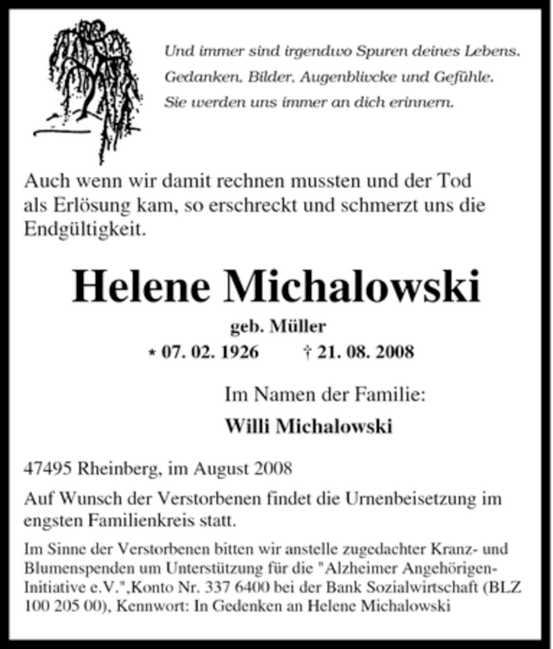  Traueranzeige für Helene Michalowski vom 30.08.2008 aus Tageszeitung