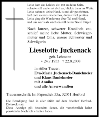 Traueranzeige von Lieselotte Juckenack von Tageszeitung