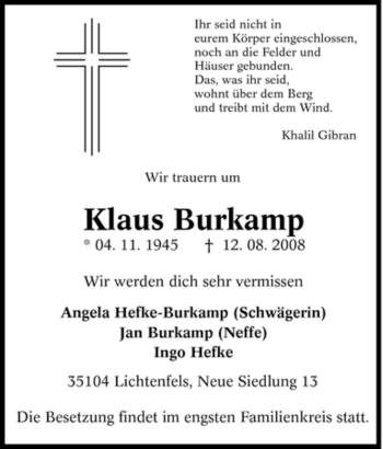 Traueranzeige von Klaus Burkamp von Tageszeitung