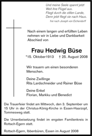 Traueranzeige von Hedwig Büse von Tageszeitung