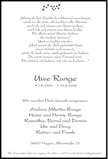 Traueranzeige von Uwee Runge von Tageszeitung