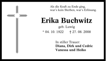 Traueranzeige von Erika Buchwitz von Tageszeitung