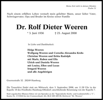 Traueranzeige von Rolf Dieter Weeren von Tageszeitung