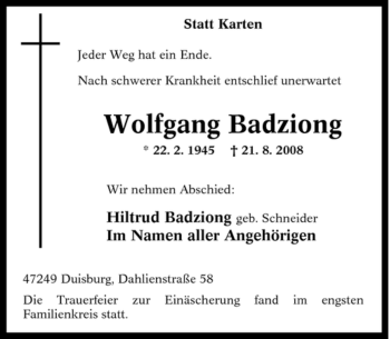 Traueranzeige von Wolfgang Badziong von Tageszeitung