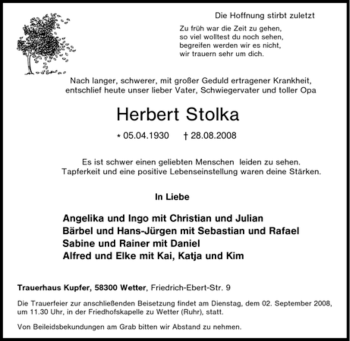 Traueranzeige von Herbert Stolka von Tageszeitung