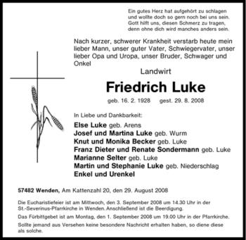 Traueranzeige von Friedrich Luke von Tageszeitung