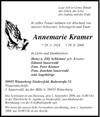 Traueranzeige von Annemarie Kramer von Tageszeitung