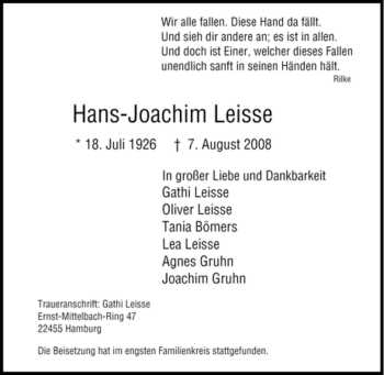 Traueranzeige von Hans-Joachim Leisse von Tageszeitung