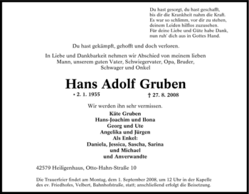 Traueranzeige von Hans Adolf Gruben von Tageszeitung