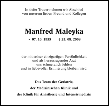 Traueranzeige von Manfred Maleyka von Tageszeitung