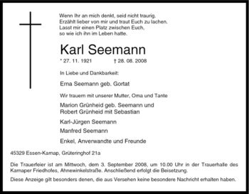 Traueranzeige von Karl Seemann von Tageszeitung