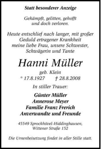 Traueranzeige von Hanni Müller von Tageszeitung