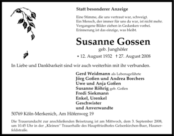 Traueranzeige von Susanne Gossen von Tageszeitung