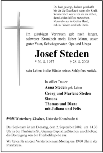 Traueranzeige von Josef Steden von Tageszeitung