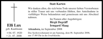 Traueranzeige von Elli Lux von Tageszeitung