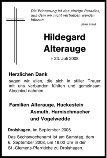 Traueranzeige von Hildegard Alterauge von Tageszeitung