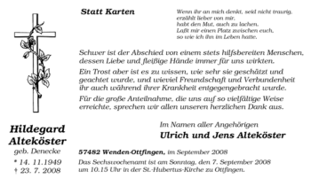 Traueranzeige von Hildegard Alteköster von Tageszeitung