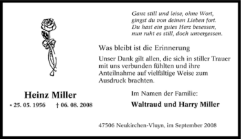Traueranzeige von Heinz Miller von Tageszeitung