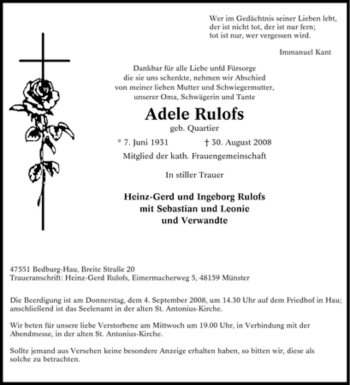 Traueranzeige von Adele Rulofs von Tageszeitung