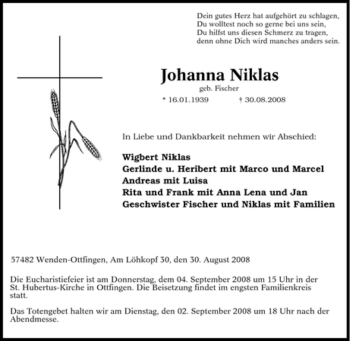 Traueranzeige von Johanna Niklas von Tageszeitung