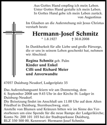 Traueranzeige von Hermann-Josef Schmitz von Tageszeitung