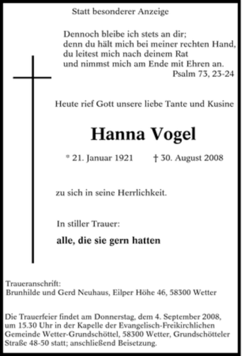 Traueranzeige von Hanna Vogel von Tageszeitung