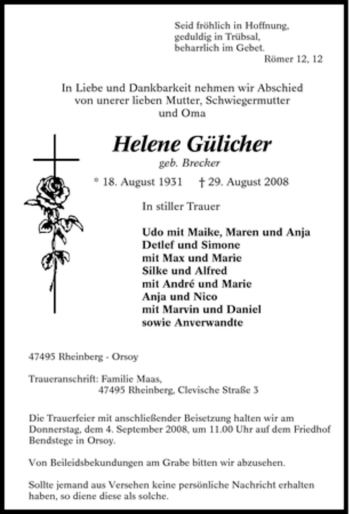 Traueranzeige von Helene Gülicher von Tageszeitung