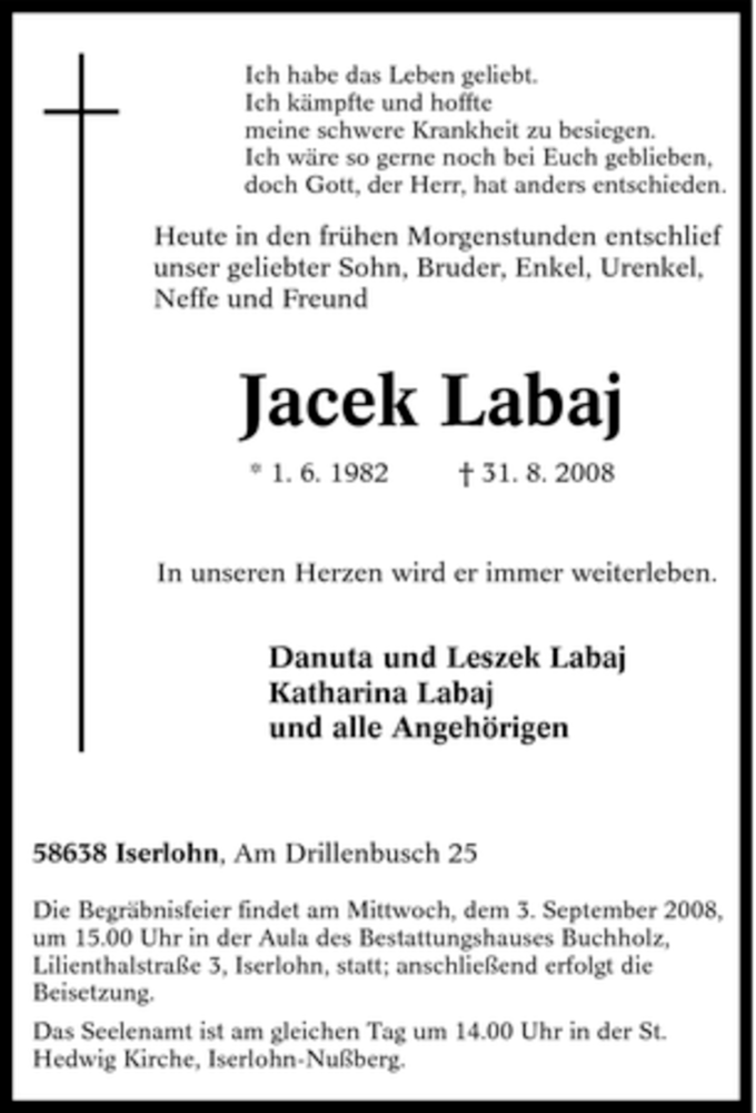  Traueranzeige für Jacek Labaj vom 02.09.2008 aus Tageszeitung
