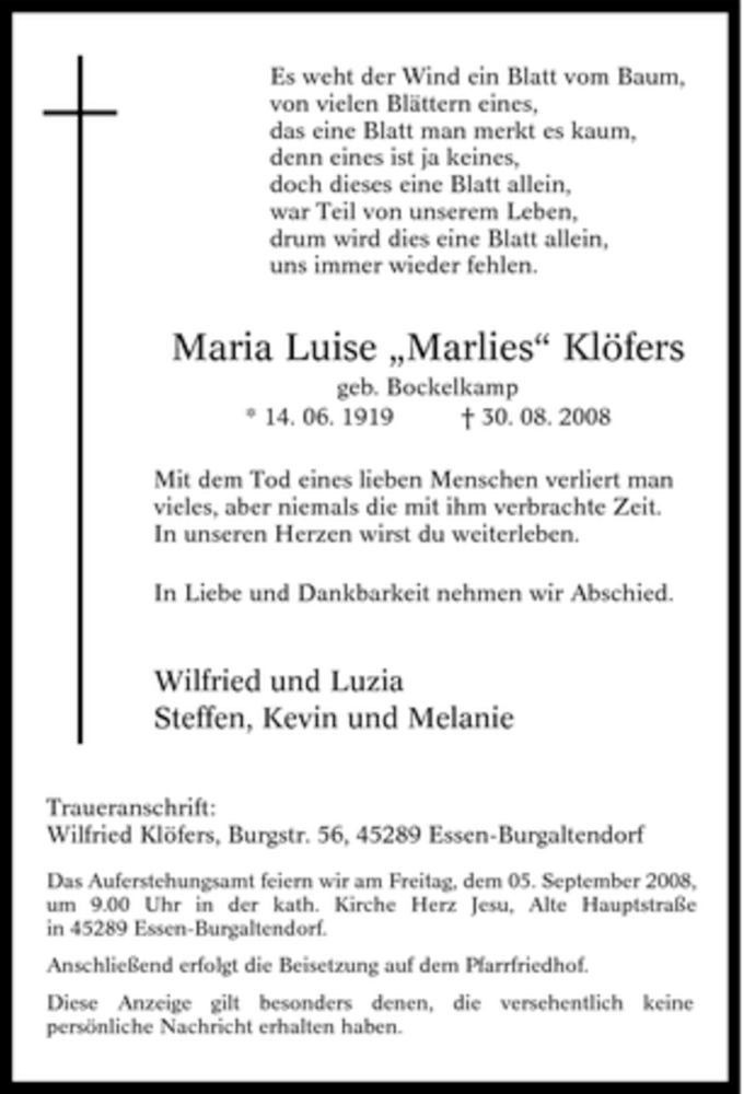  Traueranzeige für Maria Luise 