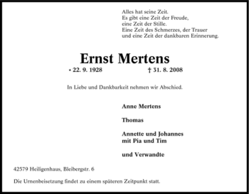 Traueranzeige von Ernst Mertens von Tageszeitung