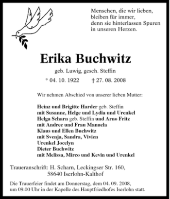 Traueranzeige von Erika Buchwitz von Tageszeitung
