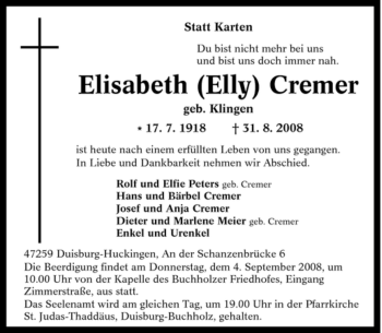 Traueranzeige von Elisabeth (Elly) Cremer von Tageszeitung