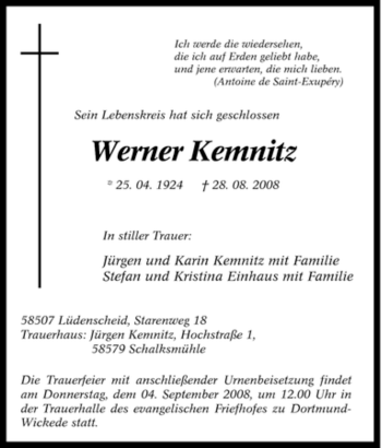 Traueranzeige von Werner Kemnitz von Tageszeitung