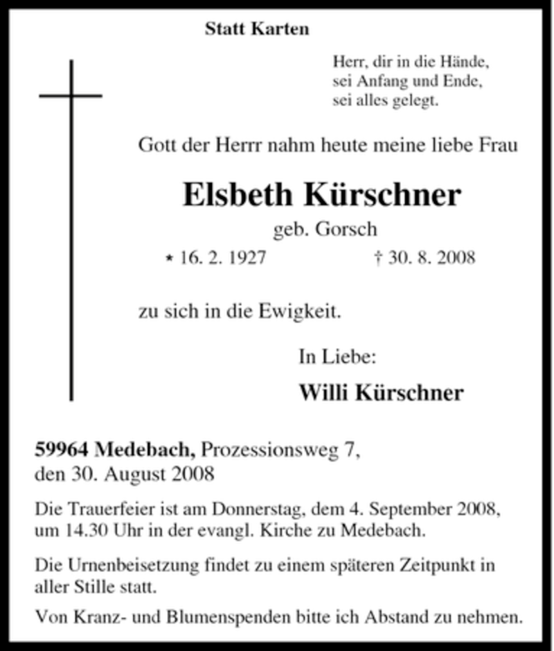  Traueranzeige für Elsbeth Kürschner vom 02.09.2008 aus Tageszeitung