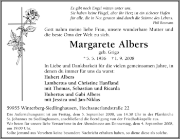 Traueranzeige von Margarete Albers von Tageszeitung