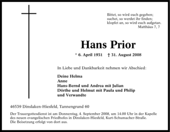 Traueranzeige von Hans Prior von Tageszeitung