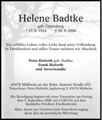 Traueranzeige von Helene Badtke von Tageszeitung