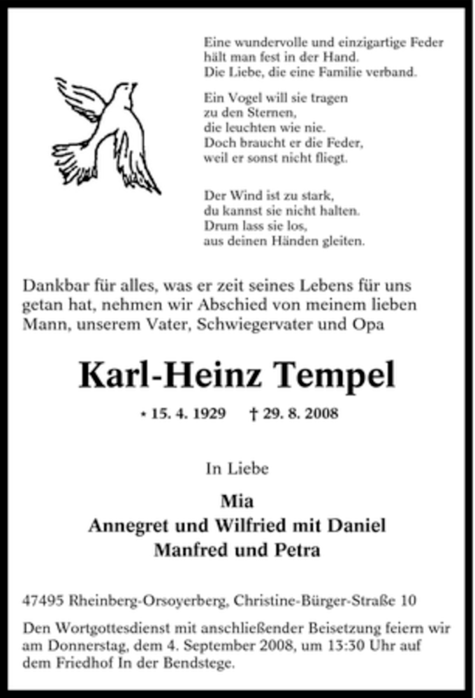  Traueranzeige für Karl-Heinz Tempel vom 02.09.2008 aus Tageszeitung