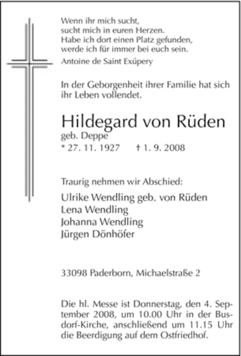 Traueranzeige von Hildegard von Rüden von Tageszeitung