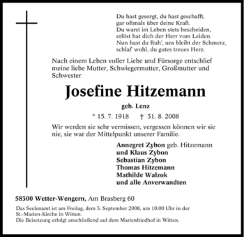 Traueranzeige von Josefine Hitzemann von Tageszeitung