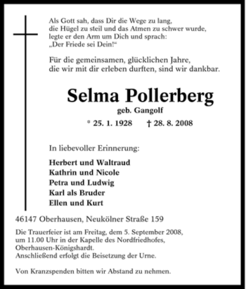 Traueranzeige von Selma Pollerberg von Tageszeitung